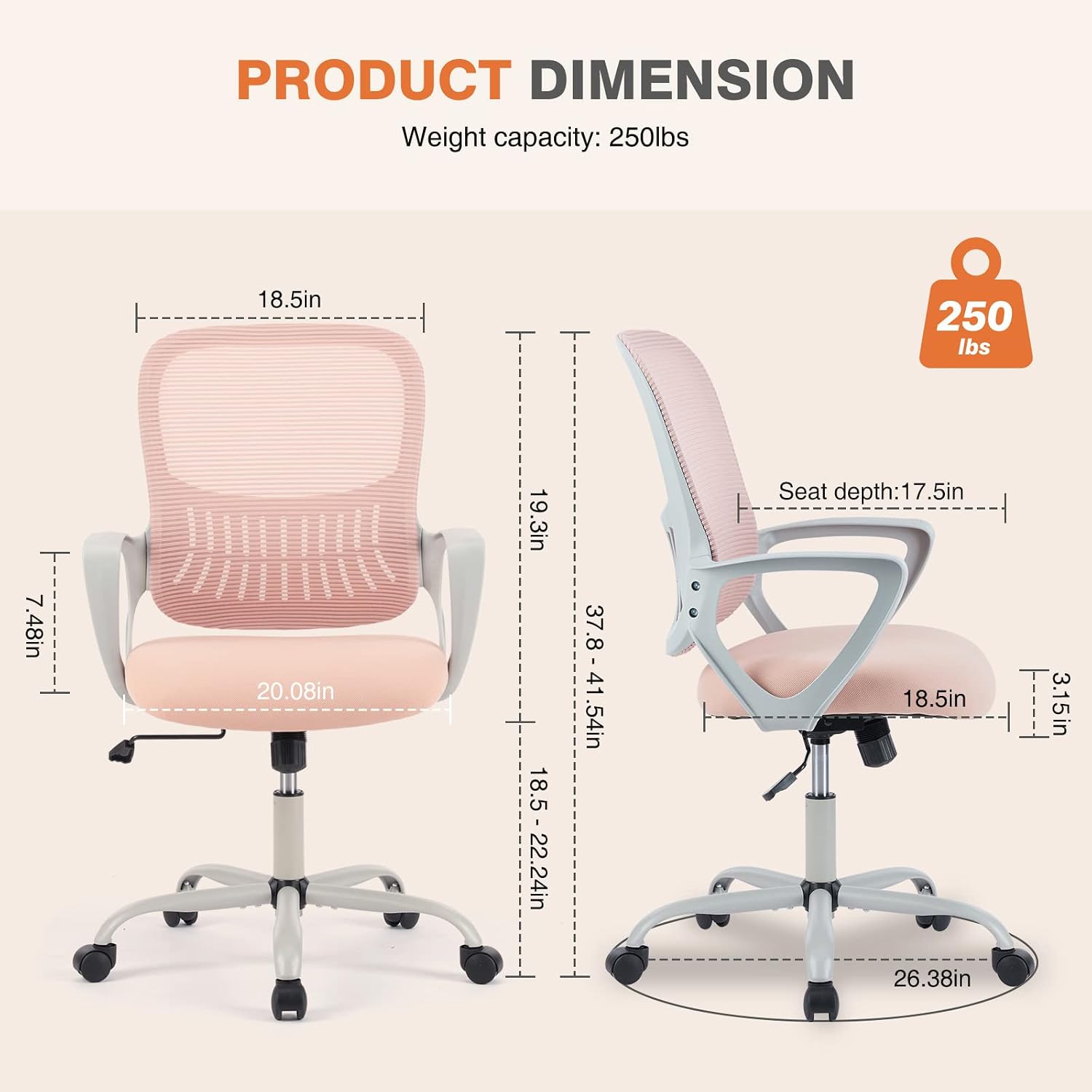 Mid-Back Ergonomic Office Chair With Lumbar Support, Armrests, And Casters (Pink)