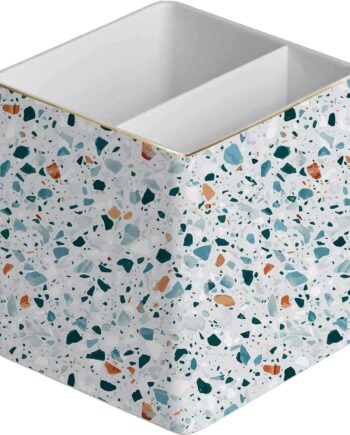 Ceramic Terrazzo Multifunctional Pen Holder Desk Organiser with 2 Compartments, Light Blue