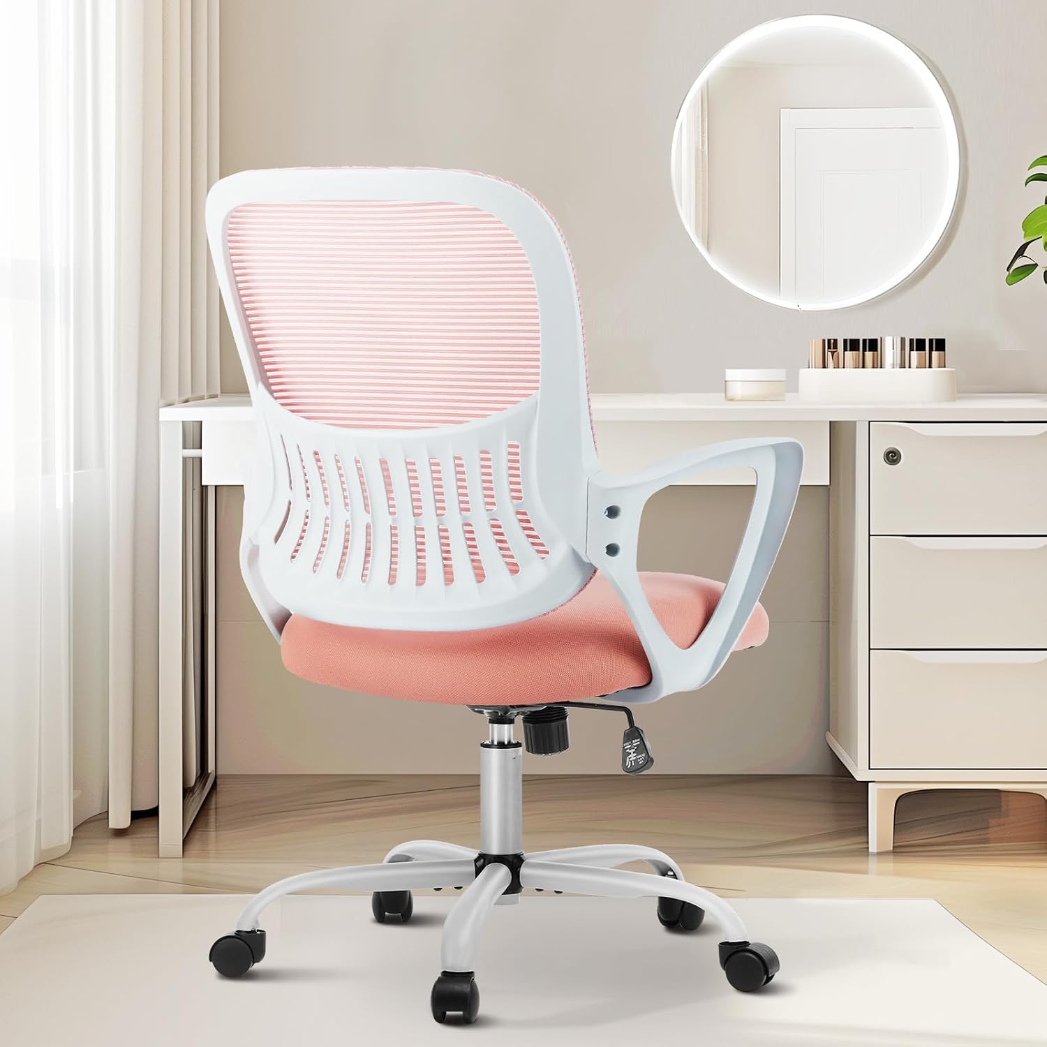 Mid-Back Ergonomic Office Chair With Lumbar Support, Armrests, And Casters (Pink)