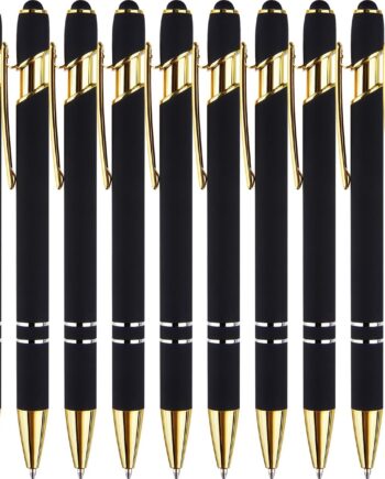 12 Pack Nice Black Pens Ballpoint Pens Stylus Pen for Touchscreen | 1.0mm Smooth Writing Black Ink Pen, Metal Gold Ballpoint Pen with Stylus Tip