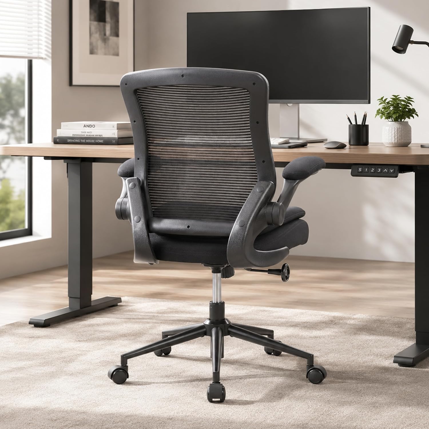 Mid-Back Mesh Ergonomic Office Chair With Flip-Up Armrests And Adjustable Recline