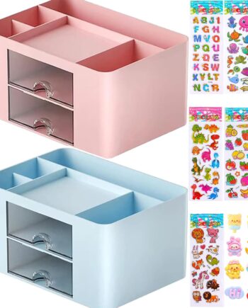 Multifunctional Pen Holder Desk Organiser with Drawers and 5 Compartments, Pink+Blue